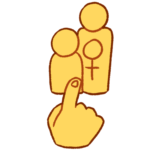 a drawing of a yellow hand pointing at a plain person, standing next to another person with a female symbol on them.